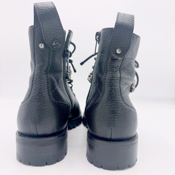 JIMMY CHOO Cruz Flat Black Grainy Leather Combat Boots with Crystal Detail - Picture 10 of 16